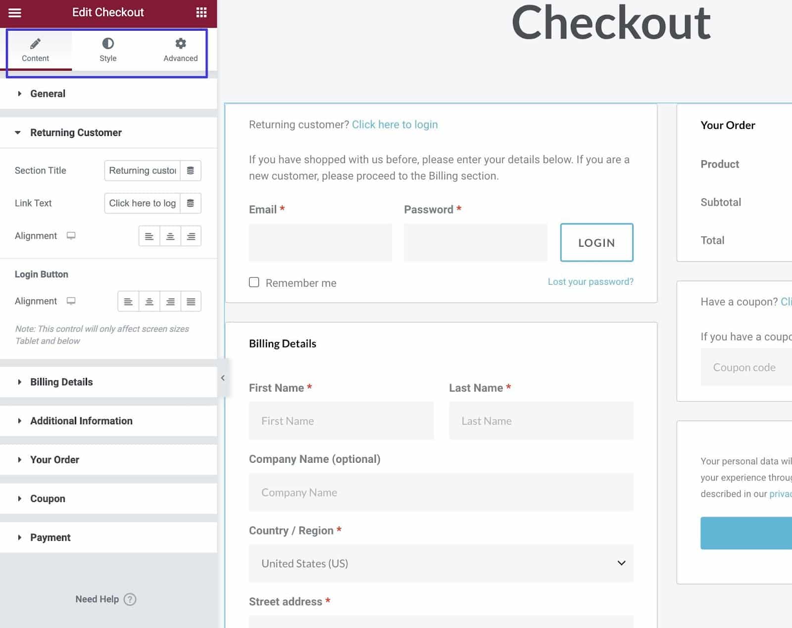 Modificare gli strumenti di checkout. 