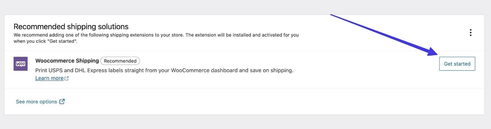 Clicando no botão Get Started para o WooCommerce Shipping.