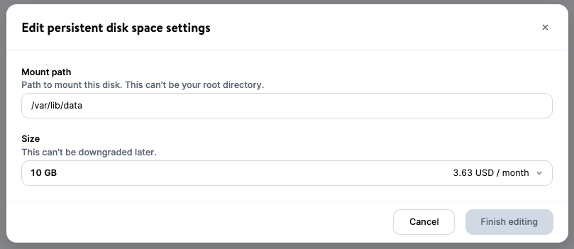 Edit persistent disk space settings to change the mount path or increase the disk size.