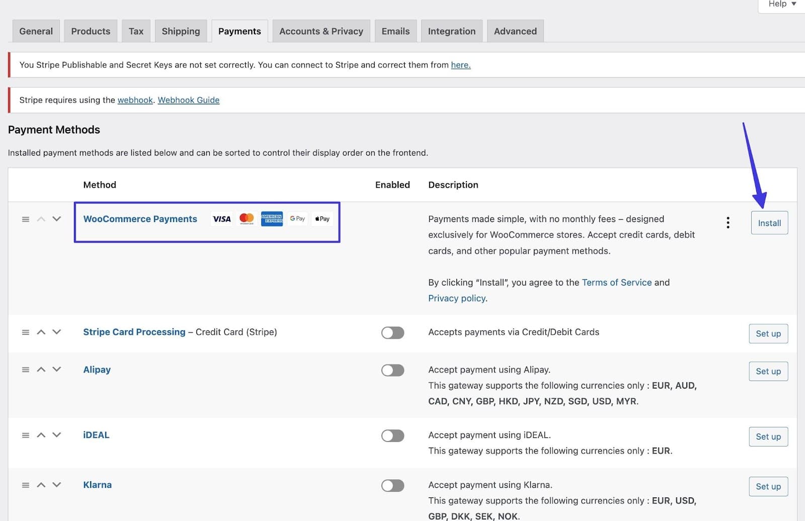 Instale o WooCommerce Payments.