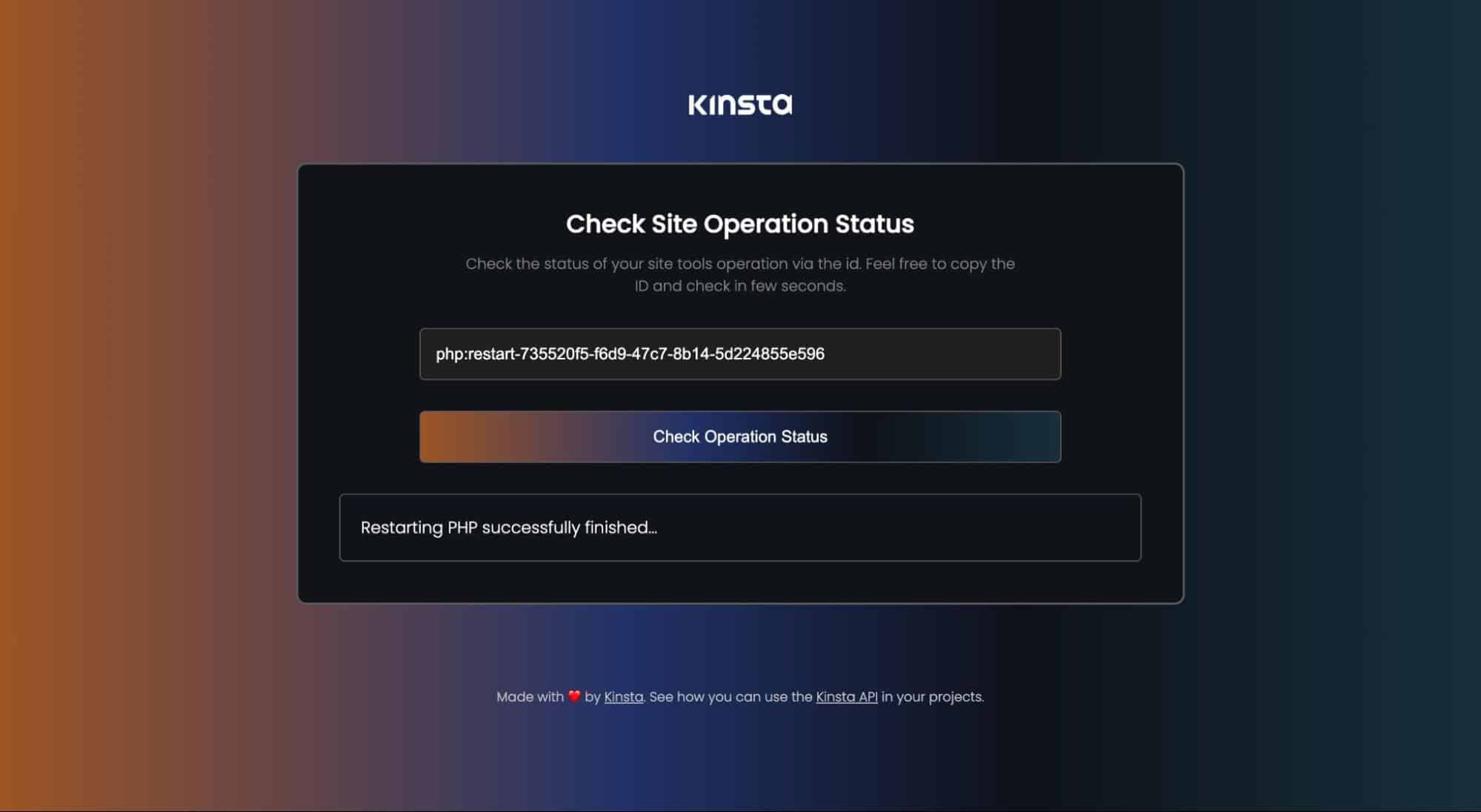 Statut de l'opération des outils du site Kinsta.