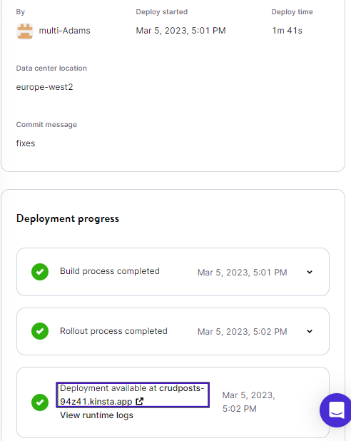 Successful deployment using MyKinsta