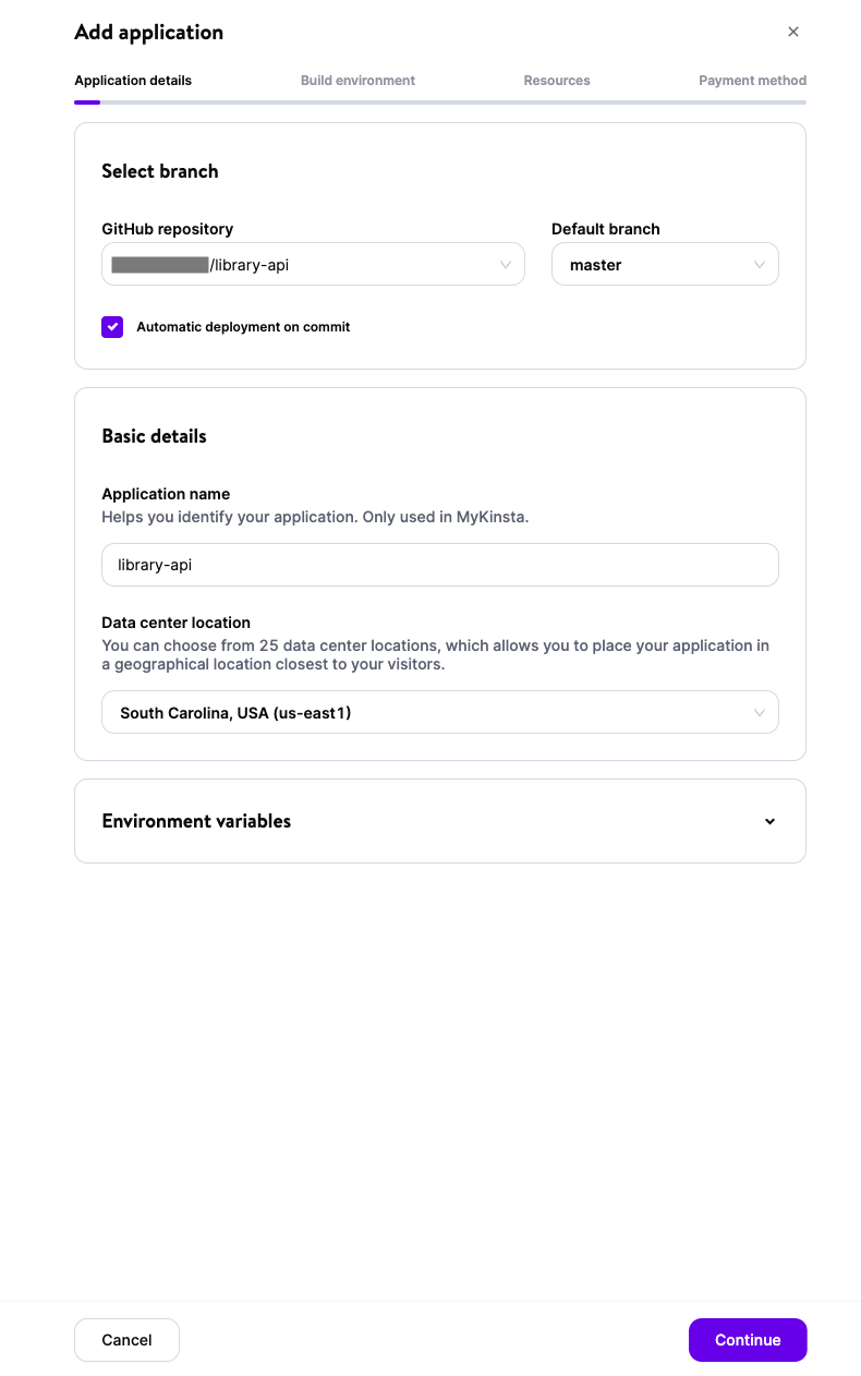 Het gedeelte "Details applicatie" van de module "Applicatie toevoegen" van Kinsta. 