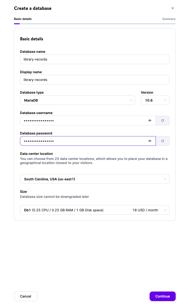 Configuração do banco de dados MyKinsta.