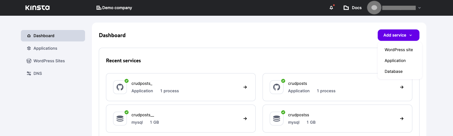 El segmento superior de la pestaña Panel de MyKinsta presenta una barra de herramientas superior. 