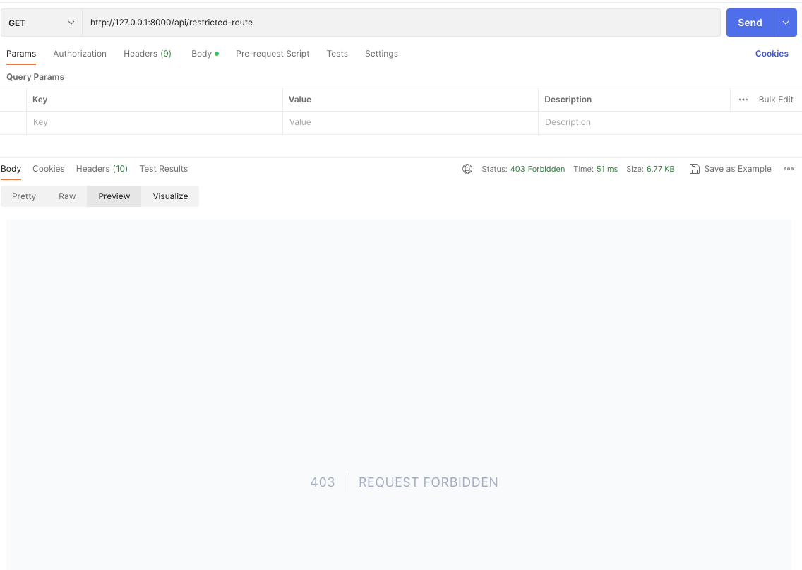 Uma resposta 403 Forbidden para o endpoint/restricted-route GET no Postman.