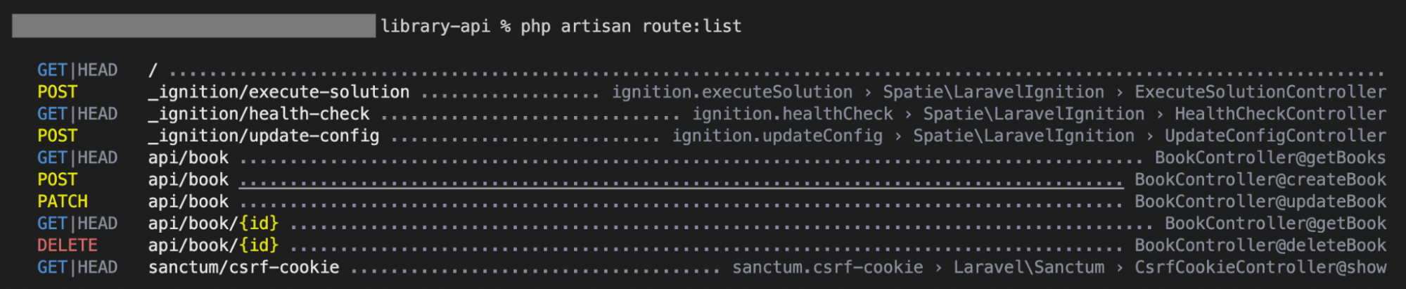 The terminal displays the "php artisan route: