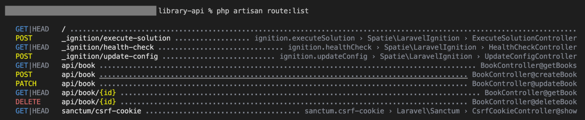 Il terminale visualizza il messaggio "php artisan route: