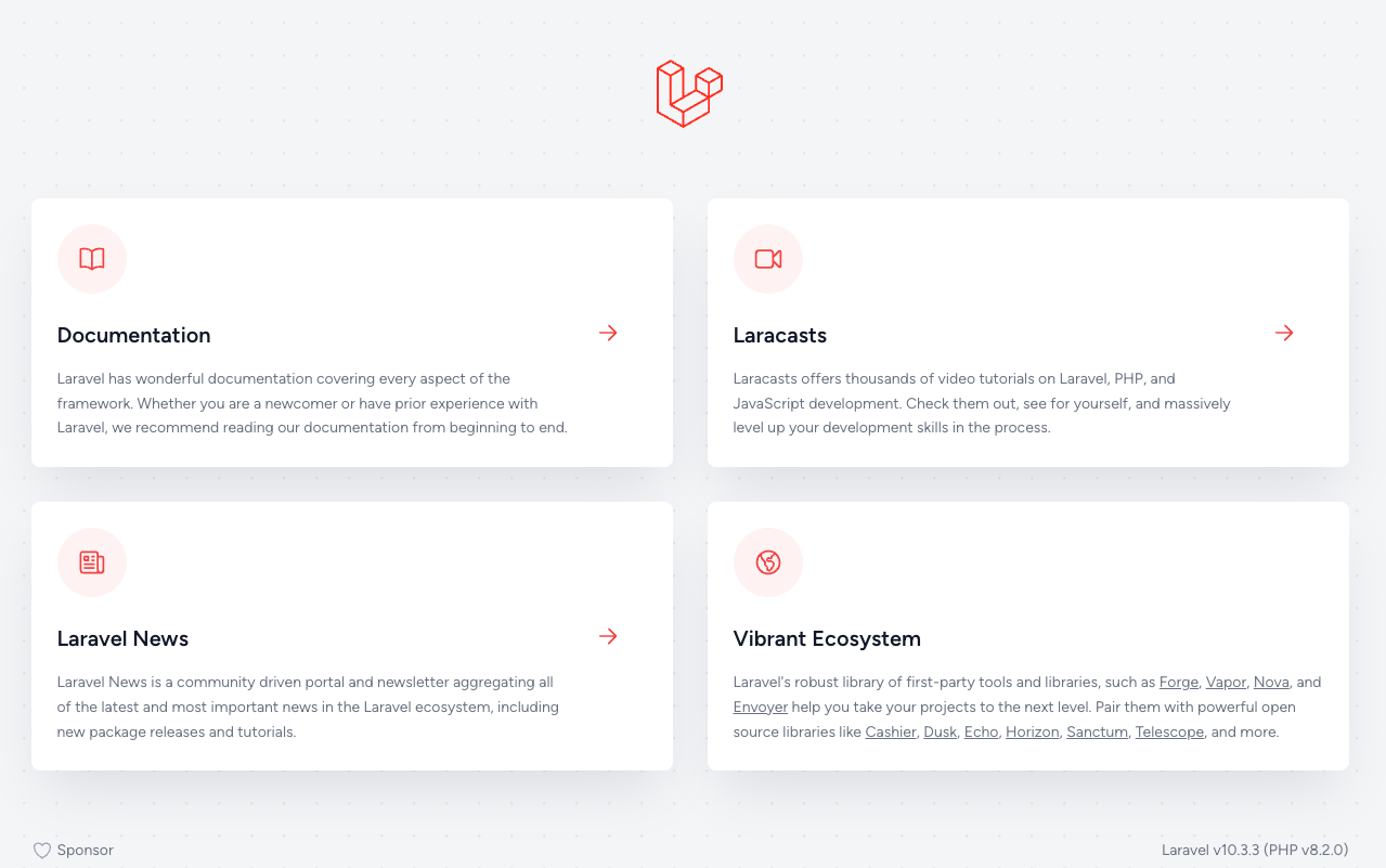 The Laravel welcome page displays its logo at the top-center. 