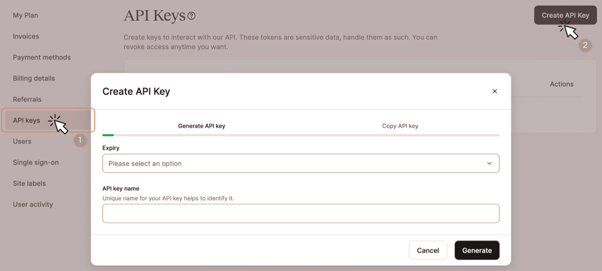 A screenshot showing the dialog for creating an API key in MyKinsta.