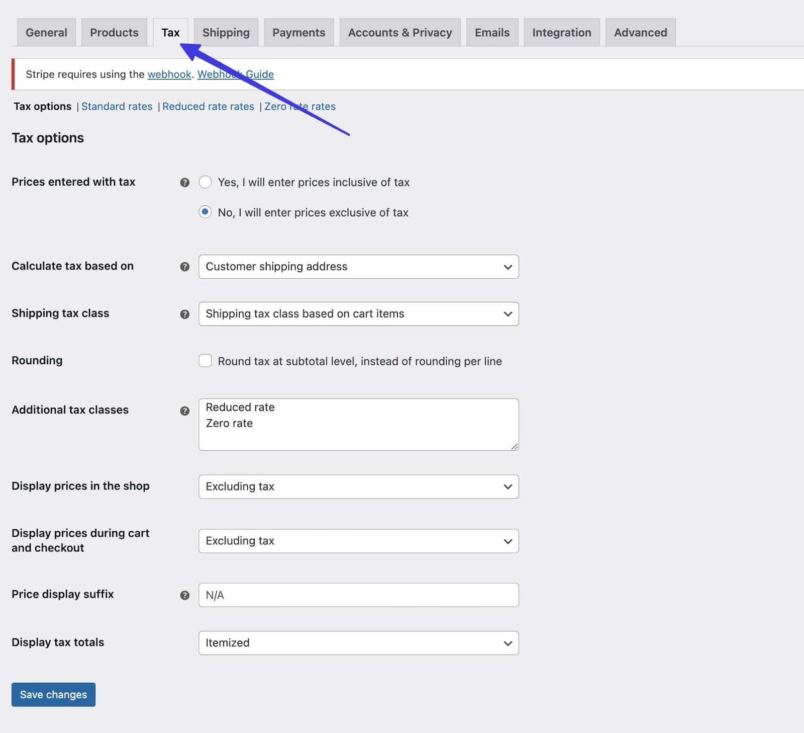 Selecting the Tax tab. 