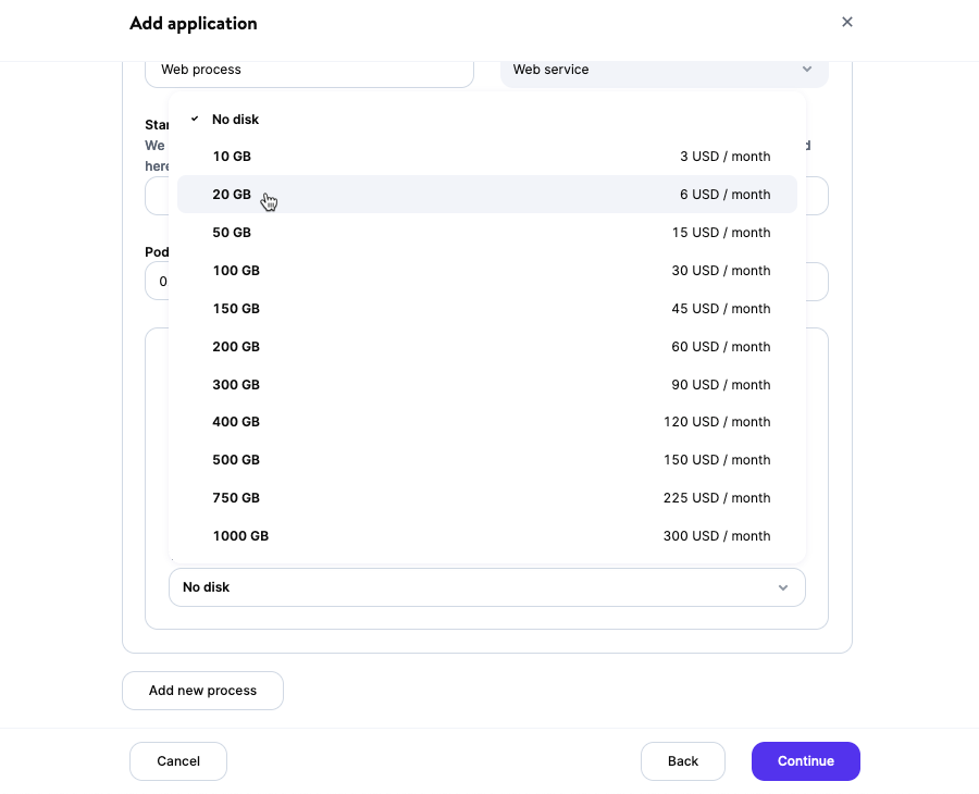 Screenshot: Choosing the size of a disk within MyKinsta.