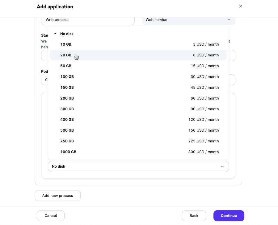 Sélection des options de taille de disque lors de l'ajout d'un espace de stockage persistant.