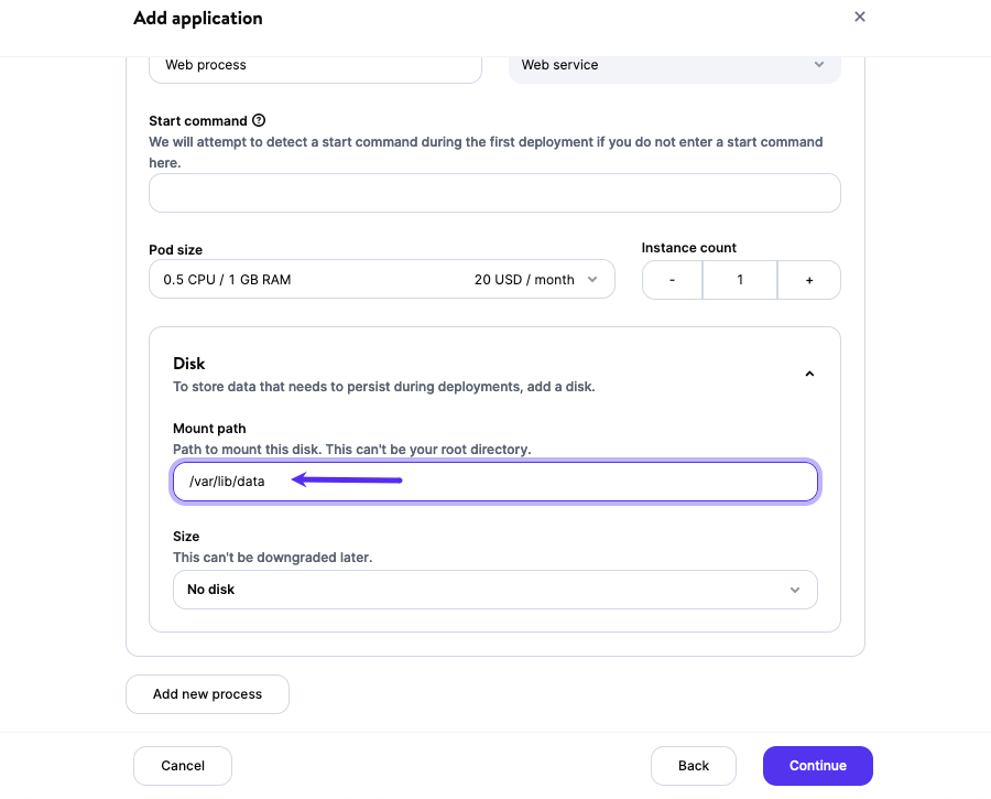 Screenshot: Adding a mount path for a disk within MyKinsta.