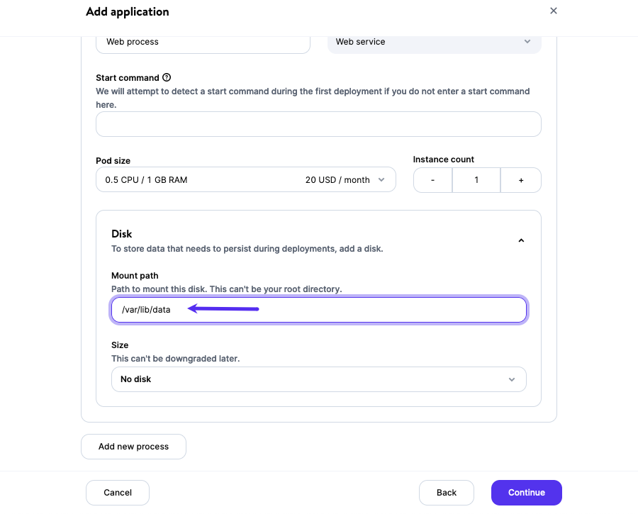 Captura de pantalla: Añadir una ruta de montaje para un disco dentro de MyKinsta.