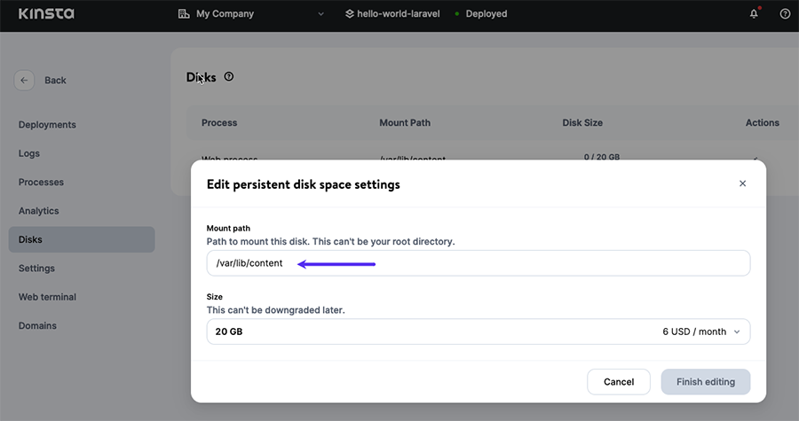 Screenshot: Changing a persistent disk's mount path.