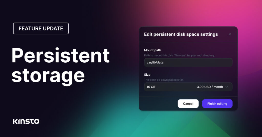 Persistent storage title with dialog illustrating the editing of disk space settings.