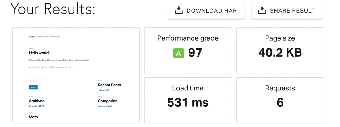 Um relatório de teste de velocidade do site