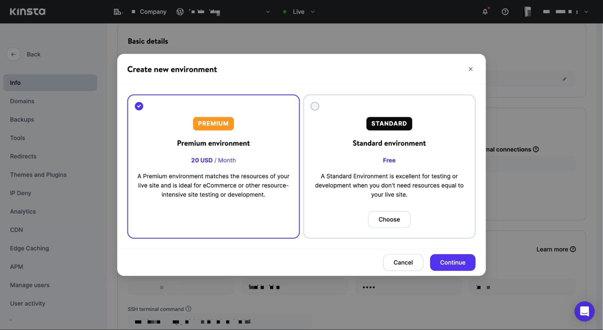 Een testomgeving selecteren in MyKinsta.