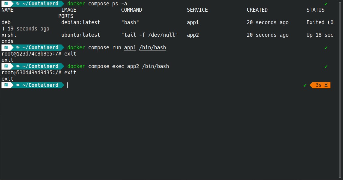 Die Befehle docker compose run und docker compose exec werden im Terminal ausgeführt, um auf Container zuzugreifen.