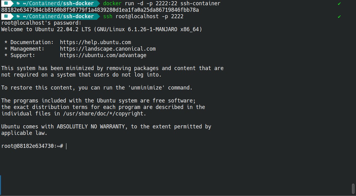 An SSH command executed in the terminal to access a container.