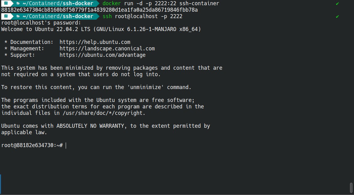 Un comando SSH eseguito nel terminal per accedere a un container.