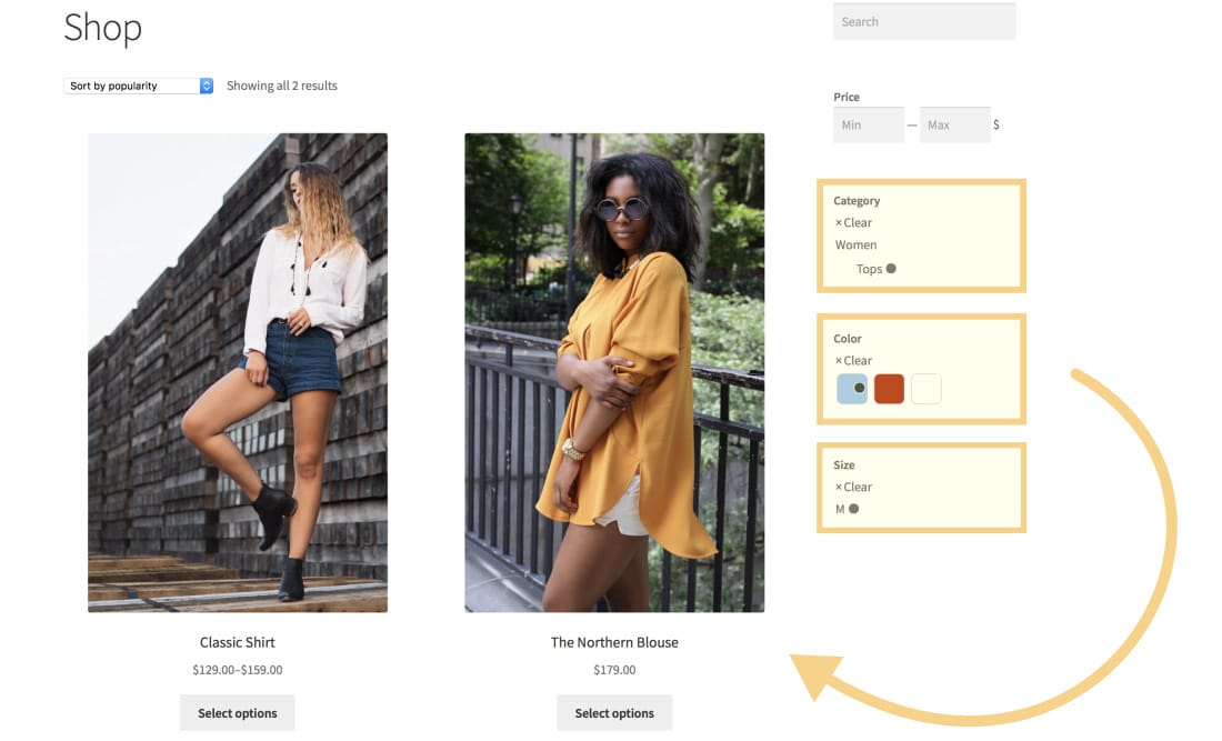 Simplifiez la recherche de produits avec des filtres (Source de l'image : WooCommerce).