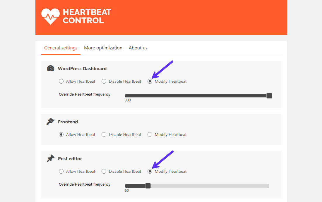 Pannello del plugin WordPress Heartbeat Control