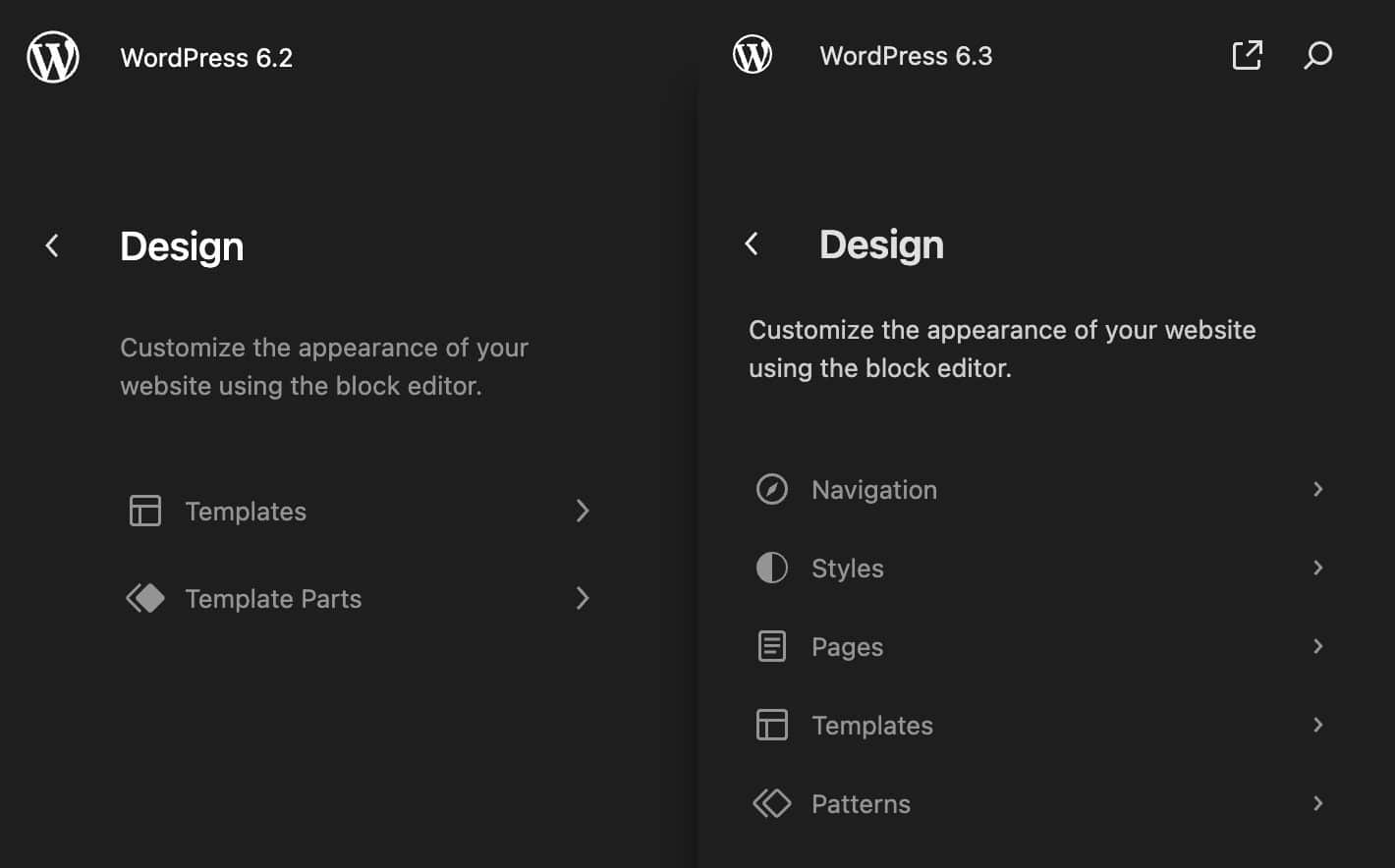 Navigazione dell'editor del sito in WordPress 6.2 vs. 6.3