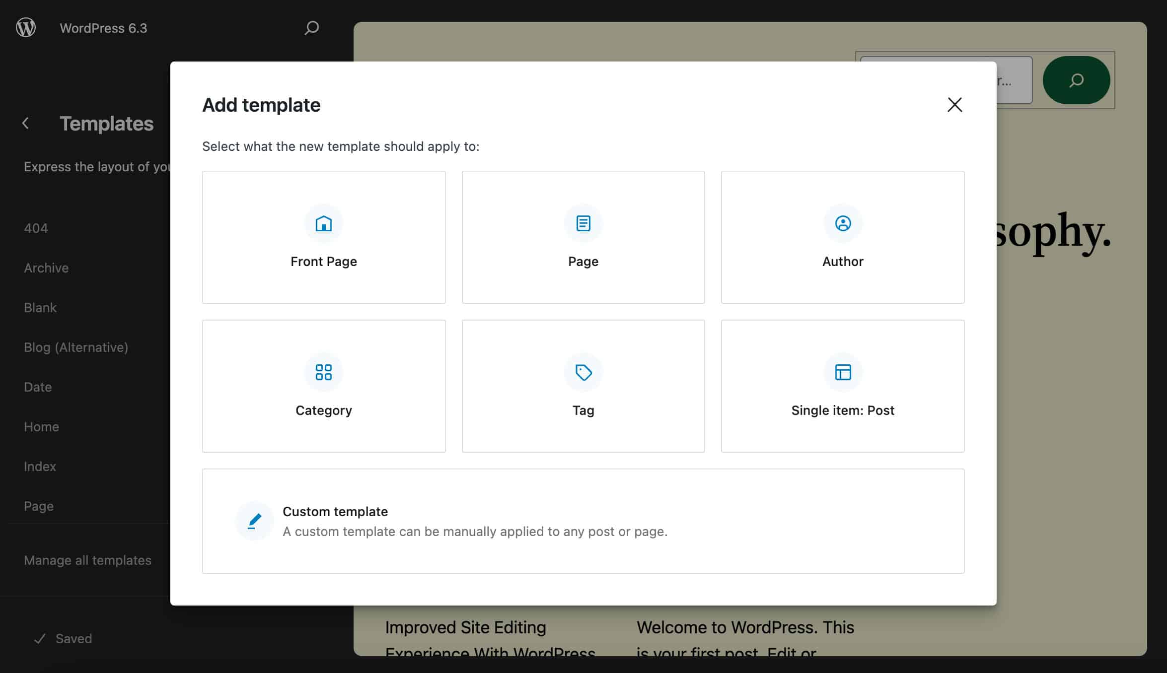 A new modal provides a list of default pages to choose from when creating a new template