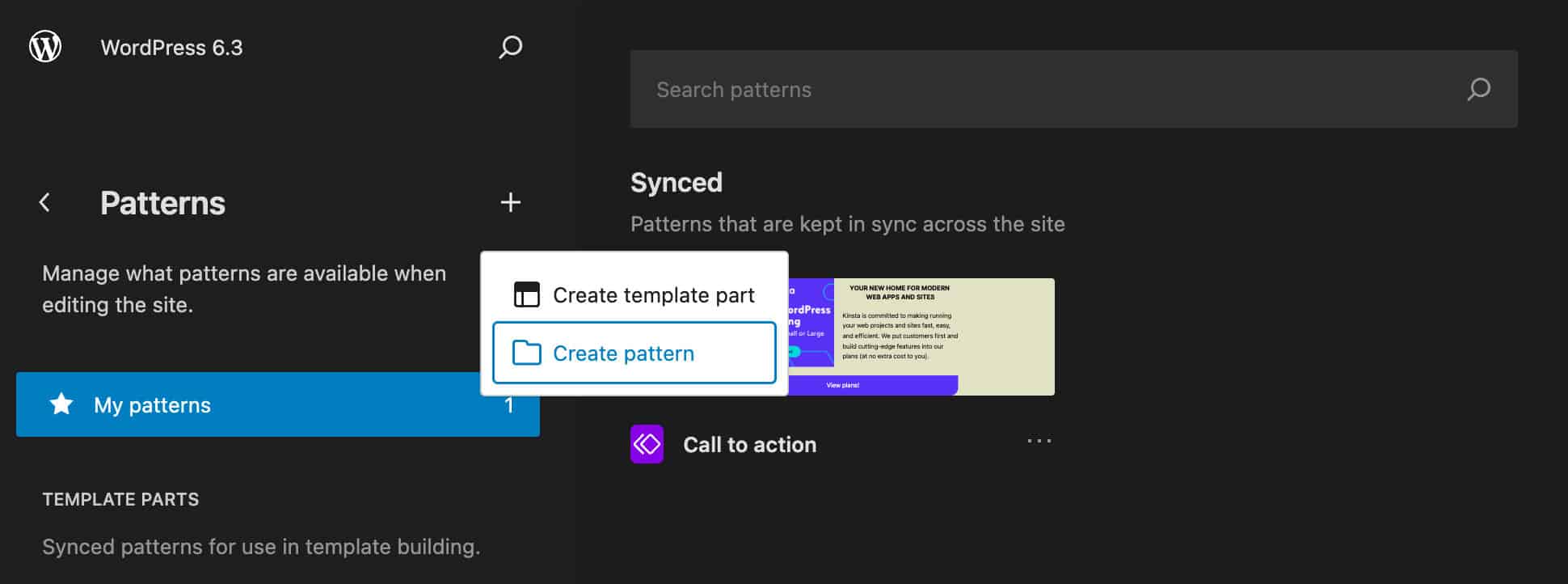 Create a new pattern in the Site editor