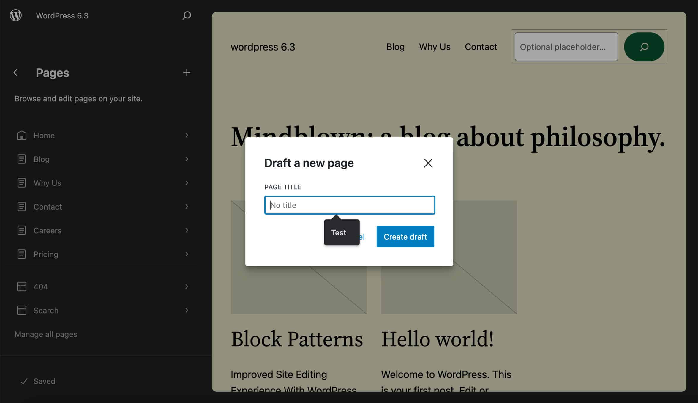 Draft a new page in WordPress 6.3