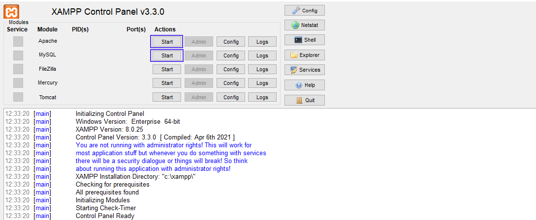 XAMPP Configuratiescherm laat meerdere modules zien