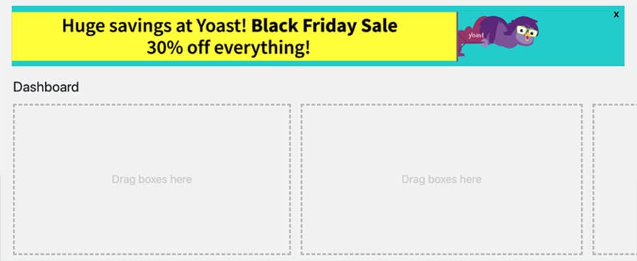 Yoast SEO plugin Big Banner Animated Ad all'interno della dashboard di WordPress