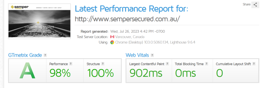 Rapport de performance pour Get in the Loop montrant un score de page de grade A