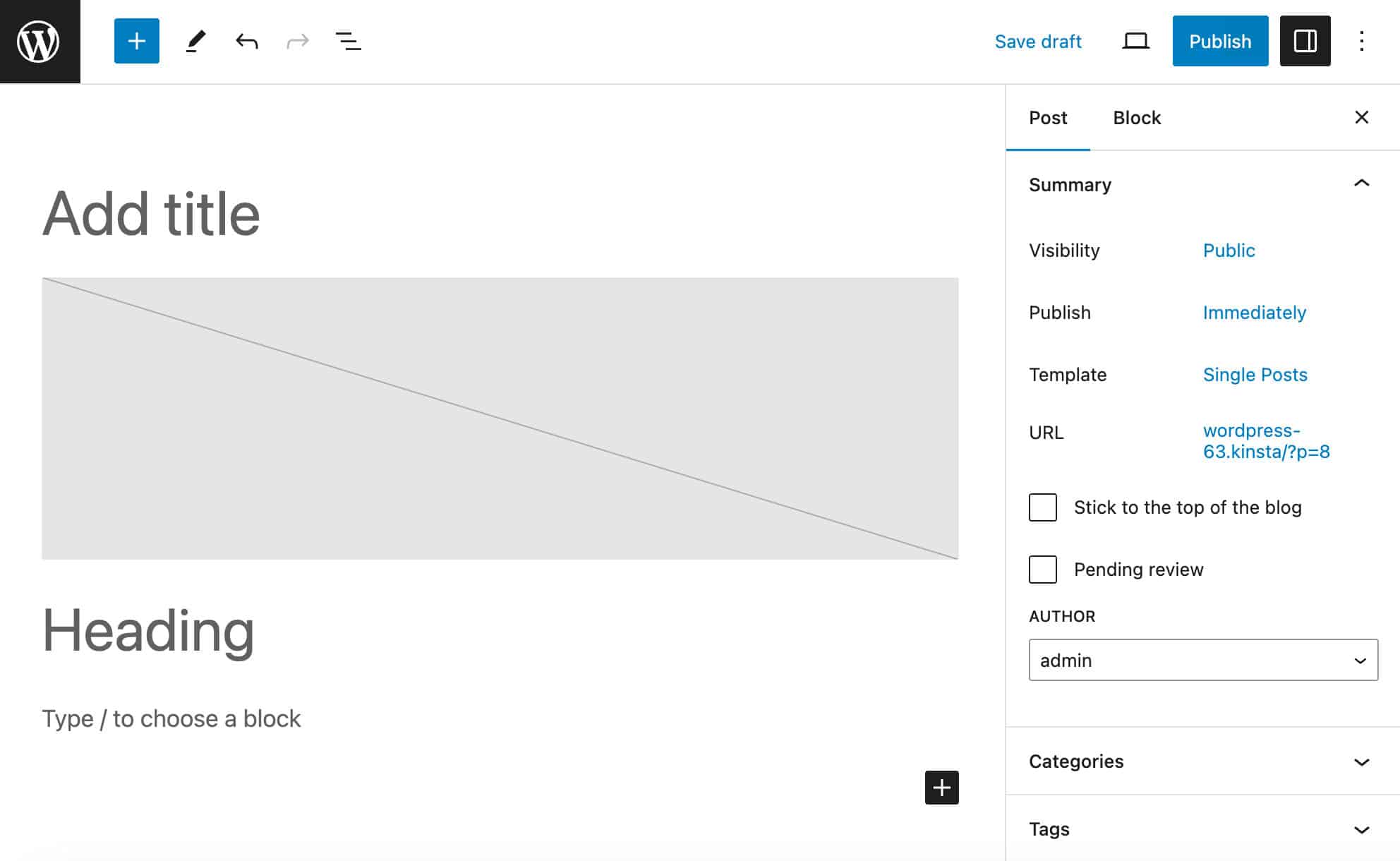 Un block template caricato automaticamente nell'editor dei post