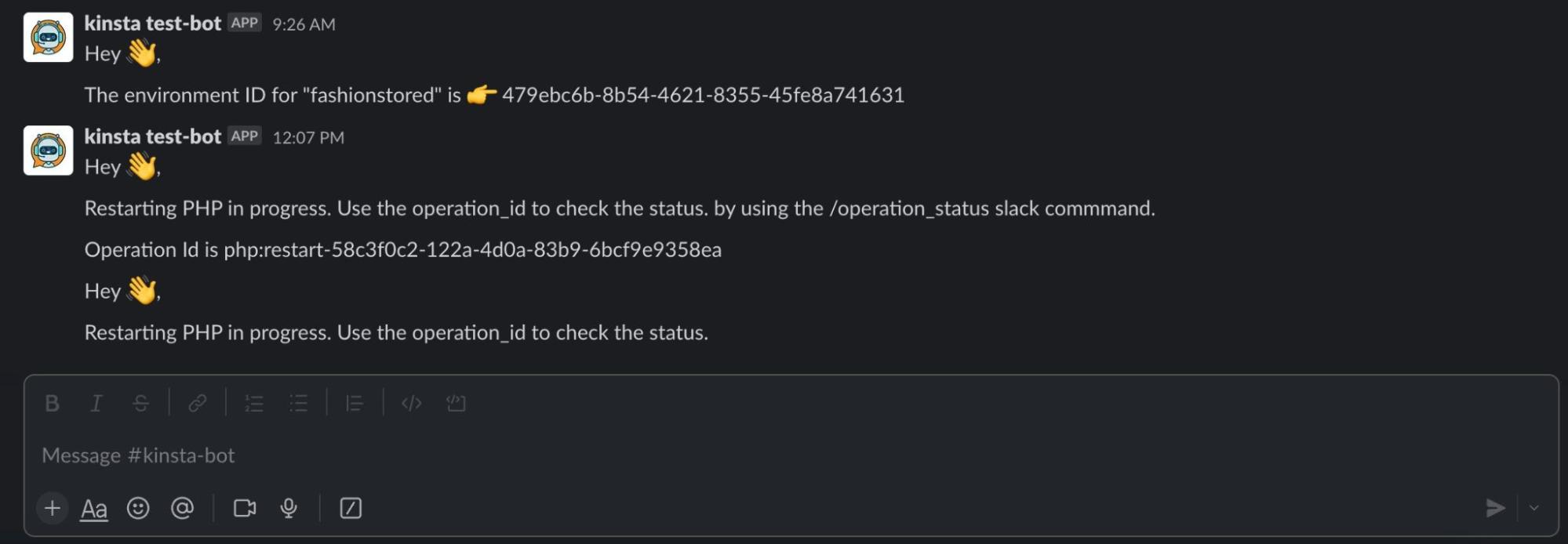 Verifique o status da operação com o Slackbot.