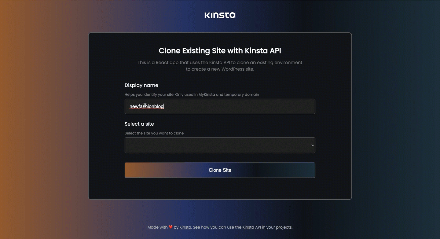 React application for cloning site with Kinsta API