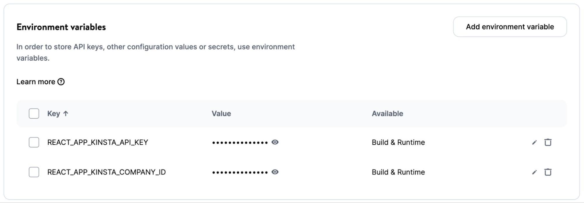 Définissez les variables d'environnement sur MyKinsta lors du déploiement.