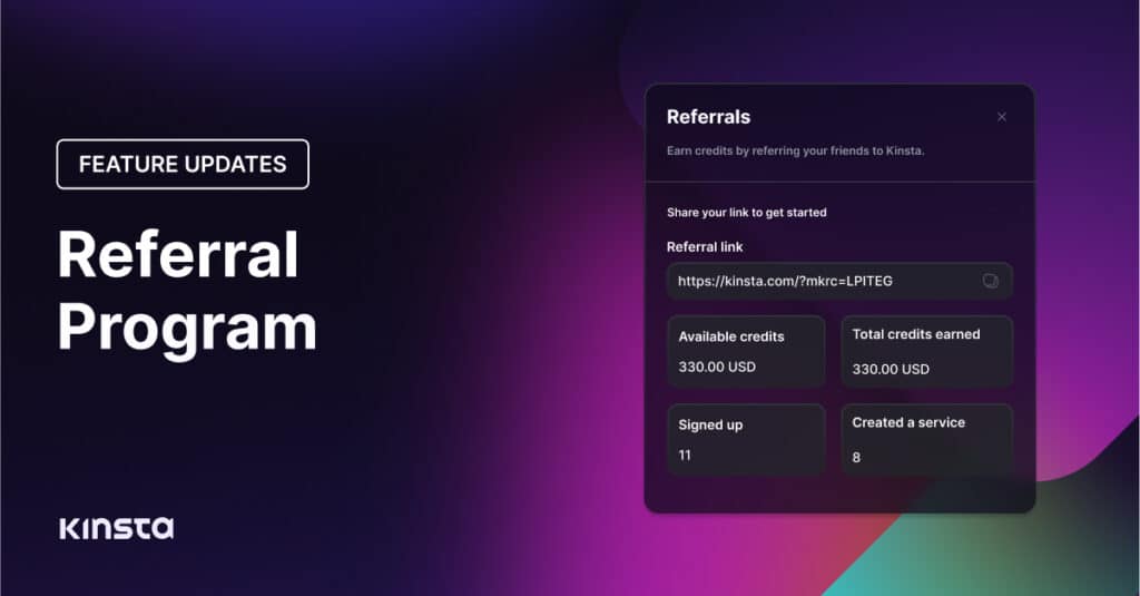 Illustration: Referral Program Feature Update showing MyKinsta interface.