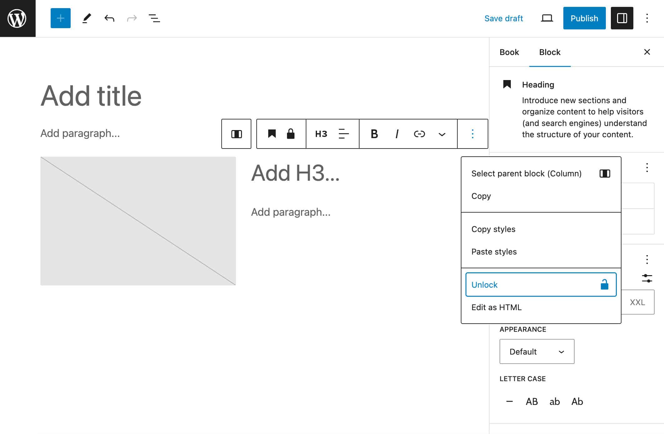 The editor's initial state for an Admin user