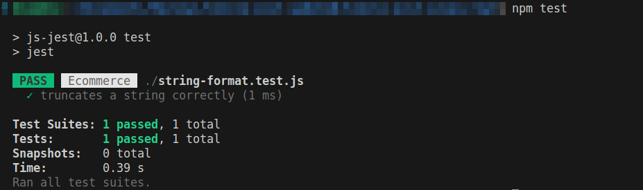 Il risultato del test Jest mostra il superamento del test "truncates a string correctly" in string-format.test.js.