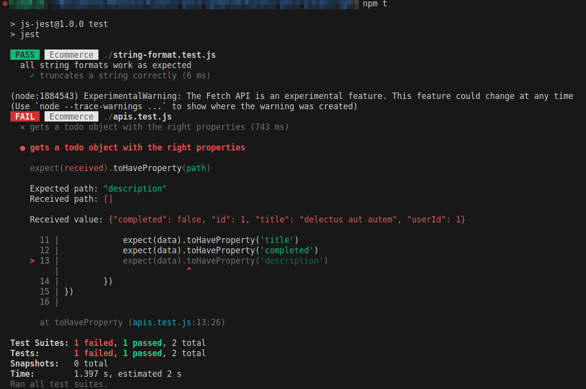 Résultat du test Jest montrant l'échec du test pour le code asynchrone.