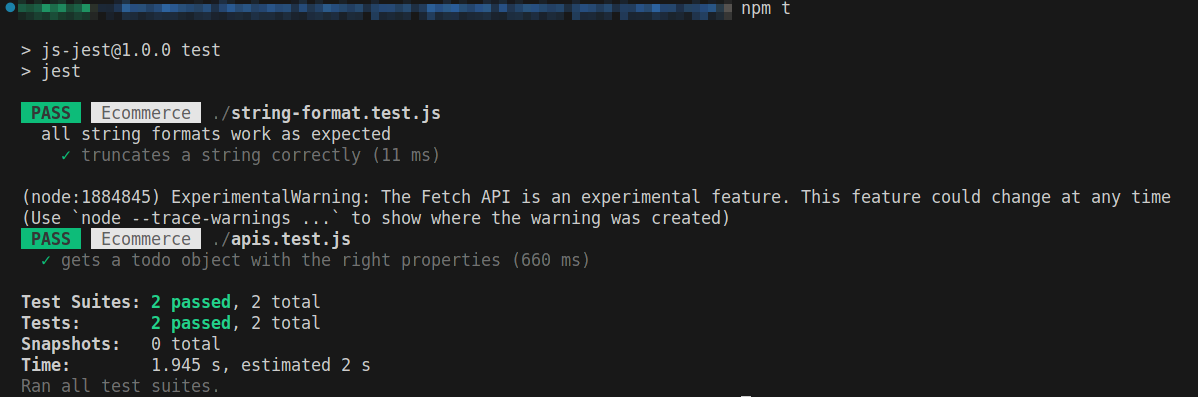 Il risultato del test Jest mostra che è stato superato il test "truncates a string correctly" in string-format.test.js e "ottiene un oggetto todo con le giuste proprietà" in apis.test.js.