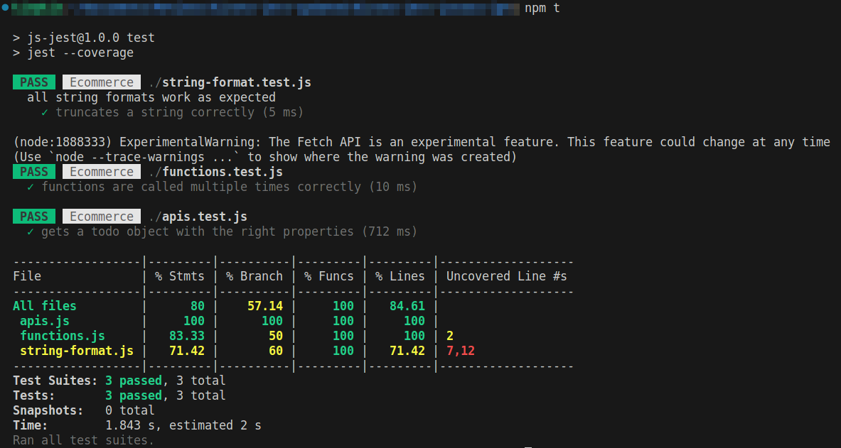 Il risultato del test Jest mostra la copertura dei quattro test. Il risultato mostra che "SubmitButton.js" ha una copertura del 100%, mentre string-format.js ha una copertura del 76,92%.