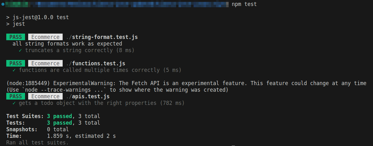 Il risultato del test Jest mostra che i tre test sono stati superati: "truncates a string correctly", "functions are called multiple times correctly" e "gets a todo object with the right properties"