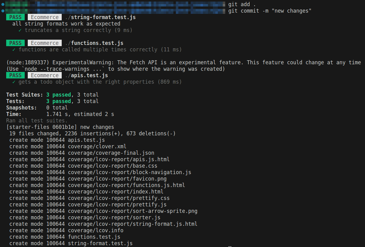 Esecuzione di Jest durante una fase di pre-commit. Quando si esegue un commit usando git commit -m sul terminale, Jest viene eseguito e vengono visualizzati i risultati dei test.