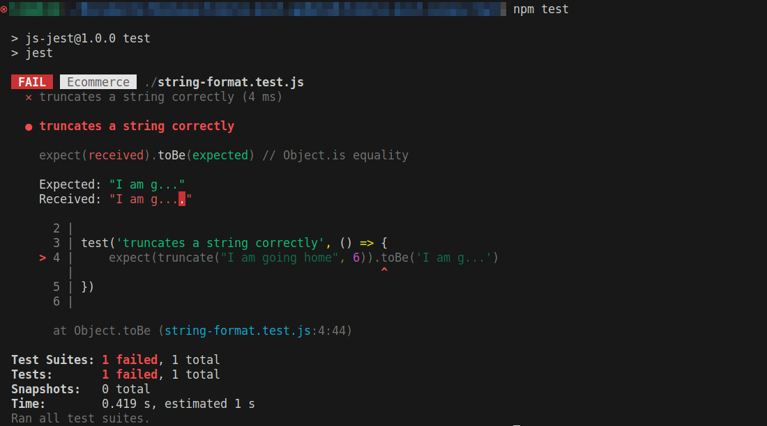 Il risultato del test Jest è fallito per il test "truncates a string correctly" in string-format.test.js. La stringa attesa dal test è "i am g...", ma la stringa ricevuta è "i am g....".