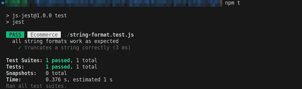 Il risultato del test Jest mostra il superamento del test "truncates a string correctly" in string-format.test.js. Il risultato del test mostra anche il testo "tutti i formati di stringa funzionano come previsto" dalla funzione describe.