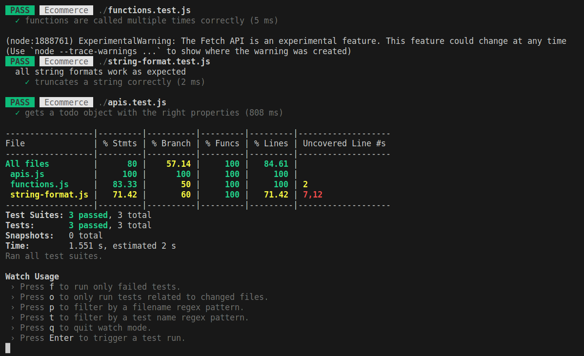 Jest in watch mode, showing four passed tests, and also a list of commands to use in watch mode.It shows command f, to run only failed tests; o, to run only tests related to changed files; p, to filter by a filename regex pattern; t, to filter by a test name regex pattern; q to quite watch mode; Enter, to trigger a test run.